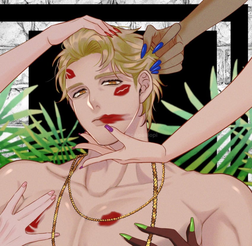 1boy bedroom_eyes blonde_hair dark-skinned_female dark_skin gay_to_bi gay_to_bisexual gold_chain gold_jewelry hand_on_chin hand_on_head hands_on_chest hi_res kiss_mark light-skinned_male light_skin lipstick lipstick_mark looking_at_viewer male nu:_carnival orange_eyes painted_nails quincy_(nu:_carnival) suggestive