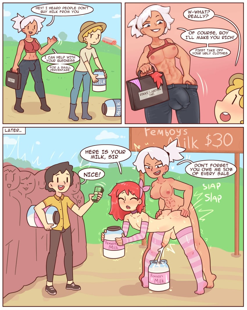 1boy 1futa abs anal anal_orgasm anal_penetration anal_sex areolae audience balls barefoot bent_over big_breasts big_penis blonde_hair blush breasts bulge choker closed_eyes clothed clothing comic cum cum_in_container cum_while_penetrated cumming cumming_from_anal_sex dark-skinned_futanari dark_skin dialogue digital_media_(artwork) ejaculation english_text erect_penis erection erection_under_clothes feet femboy feminization from_behind fully_clothed futa_is_bigger futa_on_femboy futa_on_male futadom futanari girly hands-free handsfree_ejaculation human legwear light-skinned_male light_skin male male_penetrated malesub milking muscular muscular_futanari nipples nude orgasm original outdoors outside panels penetration penis penis_milking public public_sex red7cat red_hair sex short_hair silver_hair speech_bubble standing standing_sex text text_bubble thick_thighs thighhighs toes trap wig