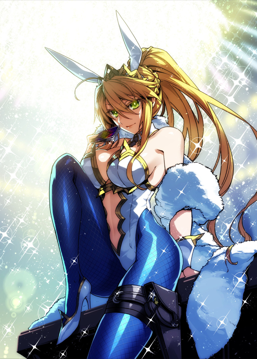 armpits artoria_pendragon artoria_pendragon_(lancer) artoria_pendragon_(swimsuit_ruler) bare_shoulders big_ass big_breasts blonde_hair breasts bunny_ears bunny_girl bunnysuit card casino collar fat_ass fate/grand_order fate_(series) fishnets green_eyes heels high_heels huge_ass huge_breasts ishida_akira large_breasts larger_male legs legs_up looking_at_viewer midriff midriff_baring_shirt navel poker ponytail revealing_clothes sitting sitting_on_table stockings stomach thick_ass thick_thighs tied_hair