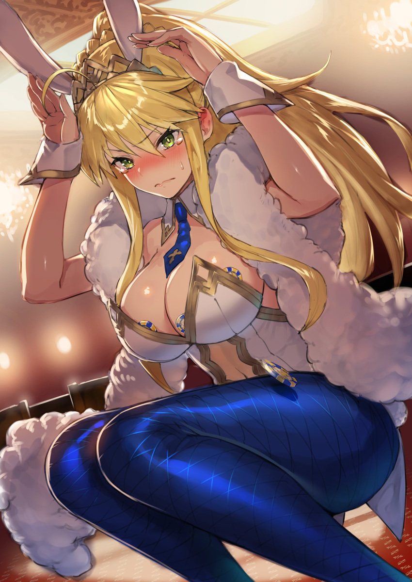 3: absurdres animal_ears artoria_pendragon artoria_pendragon_(fate) artoria_pendragon_(lancer) artoria_pendragon_(swimsuit_ruler) bangs bare_shoulders big_ass big_breasts blonde_hair blue_legwear blue_necktie blush breasts bunny_ears bunny_girl bunnysuit cleavage closed_mouth clothing_cutout commentary_request detached_collar embarrassed fat_ass fate/grand_order fate_(series) female green_eyes hair_between_eyes hands_up highres huge_ass huge_breasts large_ass large_breasts leotard long_hair looking_at_viewer navel_cutout necktie pantyhose playboy_bunny poker_chip ponytail pyz_(cath_x_tech) rabbit_ears sidelocks solo squatting tearing_up thick_ass thick_thighs thighs tiara v-shaped_eyebrows white_leotard