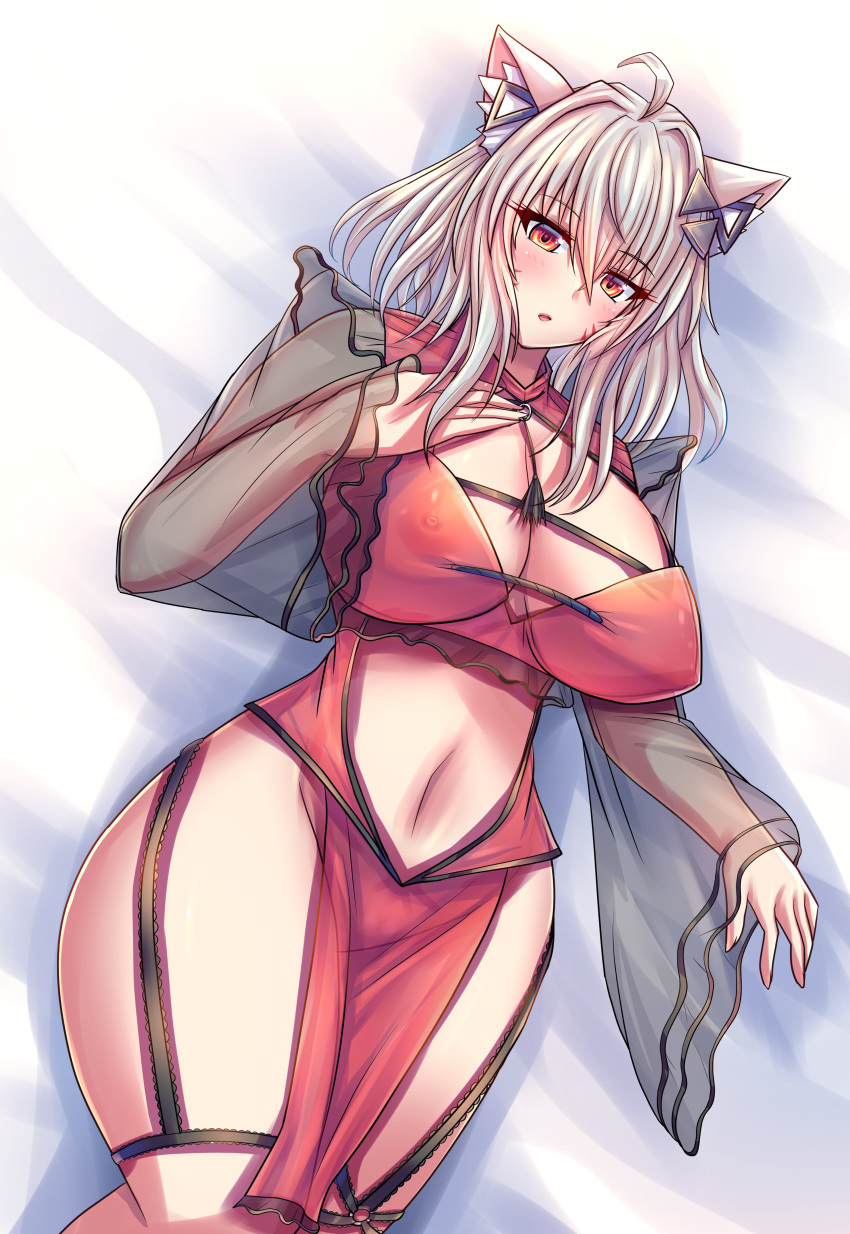 1girl ahoge animal_ear_fluff animal_ears antenna_hair bangs bed_sheet blush breasts cat_ears cat_tail catgirl cleavage covered_nipples cowboy_shot eyebrows_visible_through_hair female_only garter_belt garter_straps hair_between_eyes hair_intakes hair_ornament huge_breasts large_breasts long_hair long_sleeves looking_at_viewer lying navel on_back parted_lips red_eyes silver_hair solo squchan_(vtuber) thighhighs thighs virtual_youtuber volk_(bo-tan) vyugen white_hair