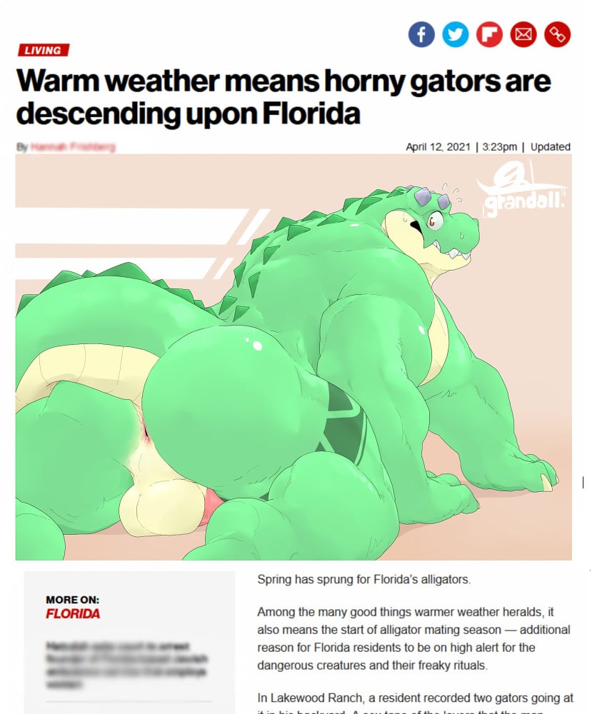 2022 all_fours alligator alligatorid anthro anus ass backsack balls big_butt big_muscles bodily_fluids crocodilian english_text florida genitals grandall_(artist) grandall_(character) hi_res humor looking_back male muscular muscular_anthro muscular_male news news_article news_report non-mammal_balls nude penis perineum presenting presenting_hindquarters reptile scales scalie signature smile solo sweat tattoo teeth text thick_thighs