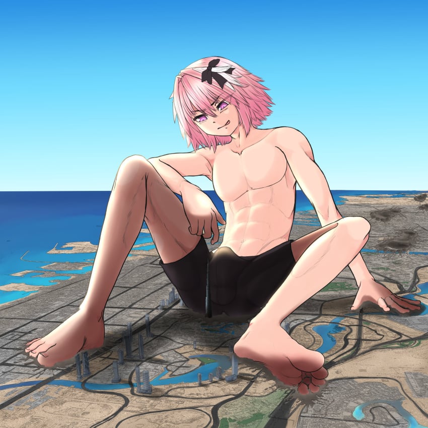 1boy abs astolfo_(fate) balls_under_clothes bulge city destruction fate/grand_order fate_(series) femboy gaycatte giant giant_femboy light-skinned_male light_skin macro male male_focus male_only muscular_male penis_under_clothes solo solo_male trap