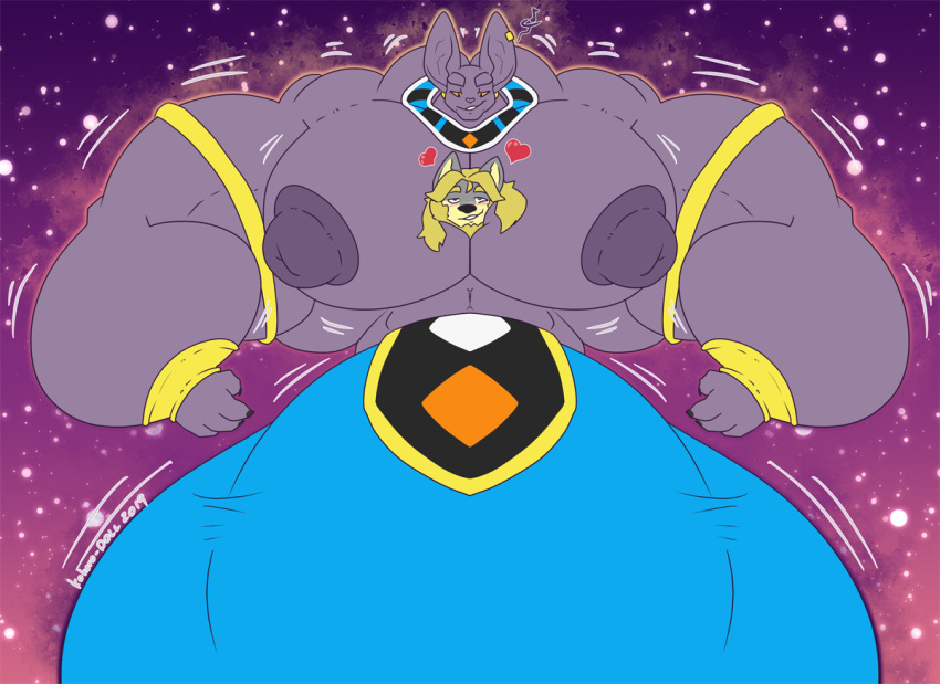 anthro anthro_only beerus big_bulge big_muscles bulge canid canine canis domestic_cat dragon_ball dragon_ball_super duo felid feline felis flaccid fur heart huge_bulge huge_muscles hyper hyper_bulge hyper_muscles kokoro-doll male male/male male_only mammal muscular pec_vore purple_body purple_fur vore wolf