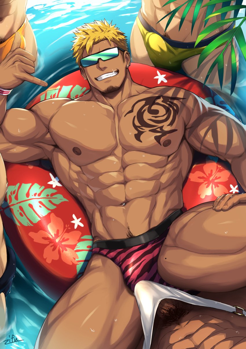 5boys abs artist_name bara black_male_swimwear blonde_hair bracelet bulge chest_tattoo dark-skinned_male dark_skin earrings erection erection_under_clothes facial_hair green-tinted_eyewear highres innertube jewelry large_pectorals lying male_pubic_hair male_swimwear multiple_boys muscular muscular_male navel nipples on_back orange_male_swimwear original pectorals penis penis_peek pubic_hair red_male_swimwear short_hair smile sunglasses swim_trunks tattoo teeth thick_thighs thighs tinted_eyewear undercut white_male_swimwear yaoi yellow_male_swimwear zifu