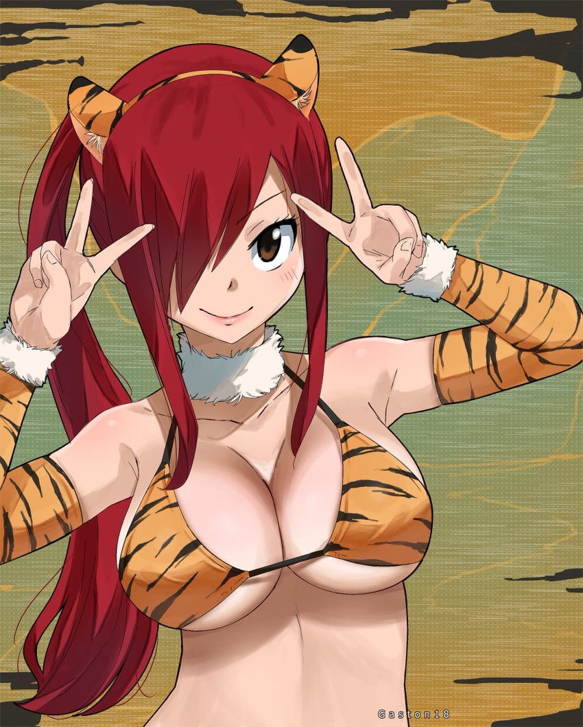 1girls big_breasts bikini cat_ears catgirl cute erza_scarlet fairy_tail female female_only gaston18 long_hair looking_at_viewer red_hair solo