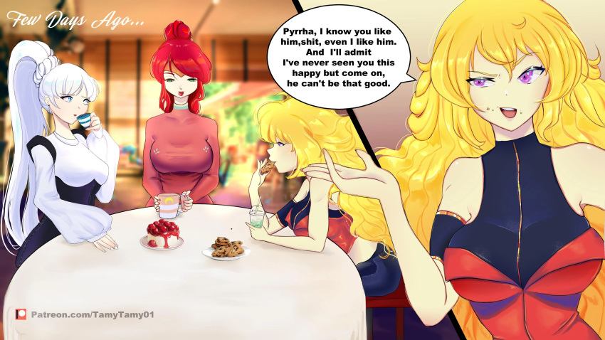 3girls blonde_hair blue_eyes female_only green_eyes high_ponytail long_hair multiple_girls ponytail pyrrha_nikos red_hair rwby shiny_hair shiny_skin sidelocks tagme tamytamy01 violet_eyes weiss_schnee white_hair yang_xiao_long