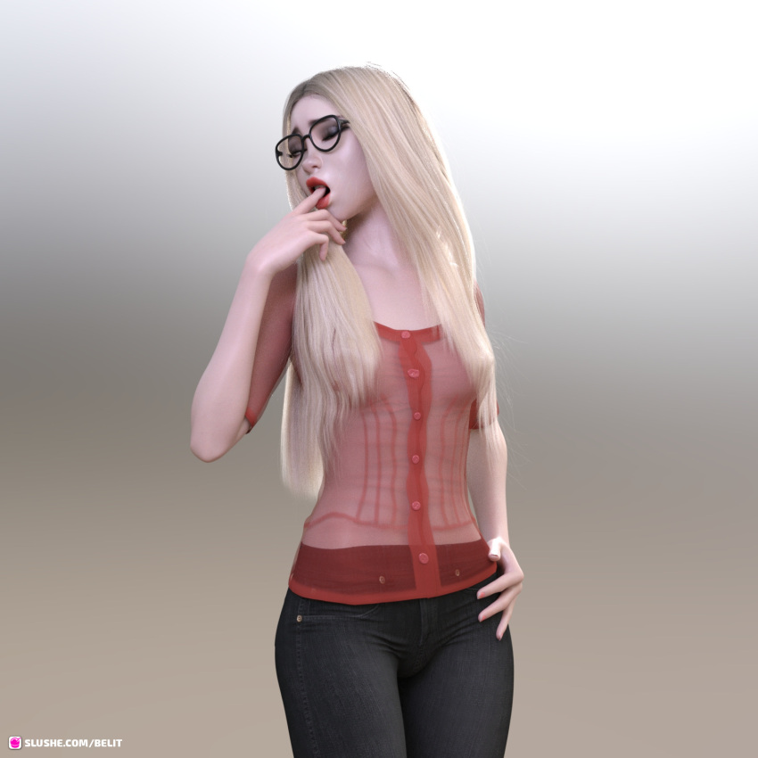 1girls 2021 3d belit blonde_hair clothed clothing female female_only glasses kaitana lipstick long_hair medium_breasts no_bra red_lipstick see-through see-through_clothing see-through_shirt slushe_(website) solo solo_female standing