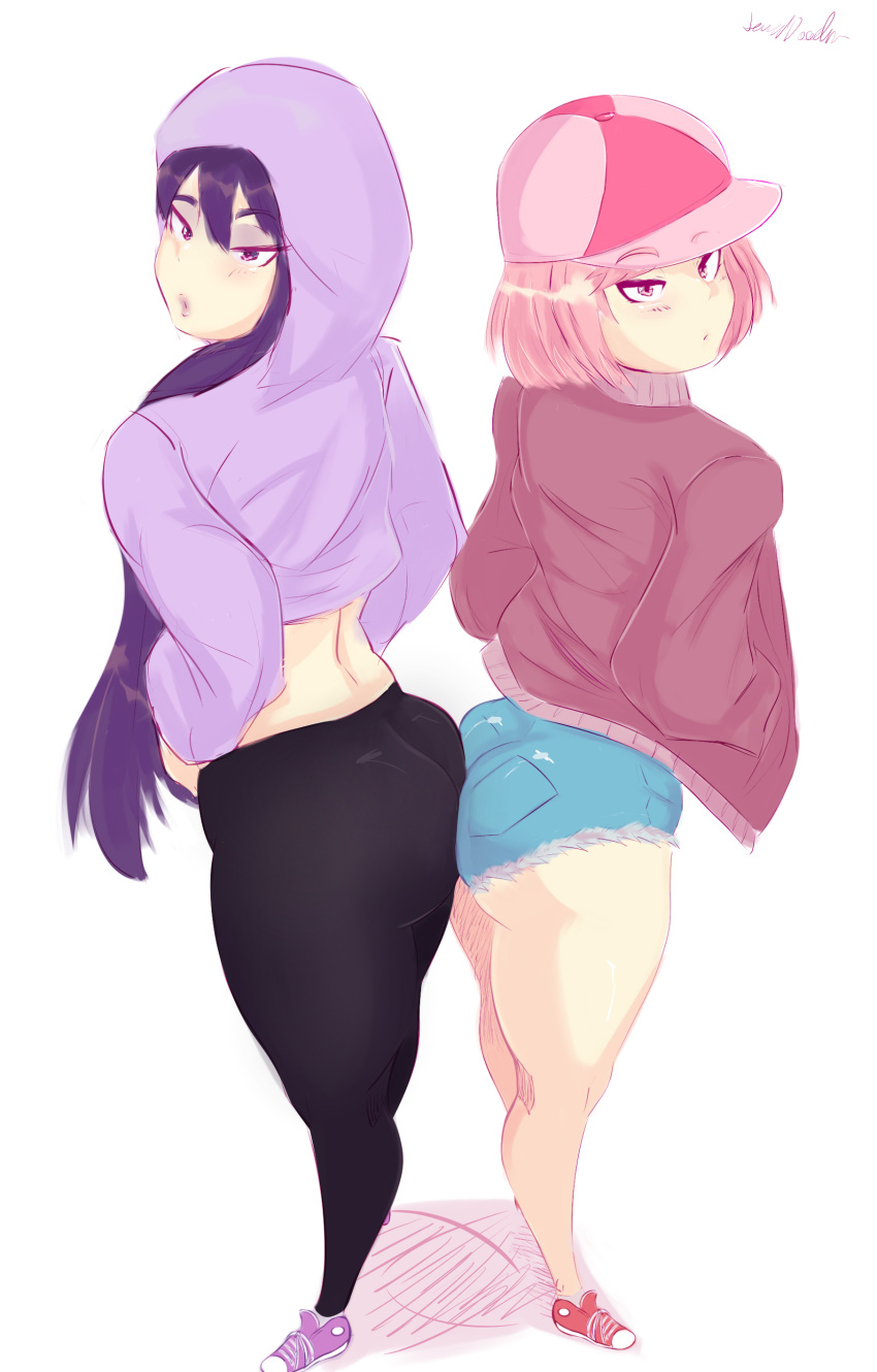 2girls ass ass_focus ass_to_ass asses_touching big_ass big_butt cap curvy denim_shorts doki_doki_literature_club drip eye_contact fat_ass female female_focus female_only hat headwear hoodie jacket jean_shorts large_ass leggings lewddoodler light-skinned_female light_skin long_hair looking_at_viewer natsuki_(doki_doki_literature_club) pink_eyes pink_hair pov_eye_contact purple_eyes purple_hair short_hair shorts side_view simple_background streetwear tagme thick_ass thick_thighs thighs voluptuous white_background yuri_(doki_doki_literature_club)