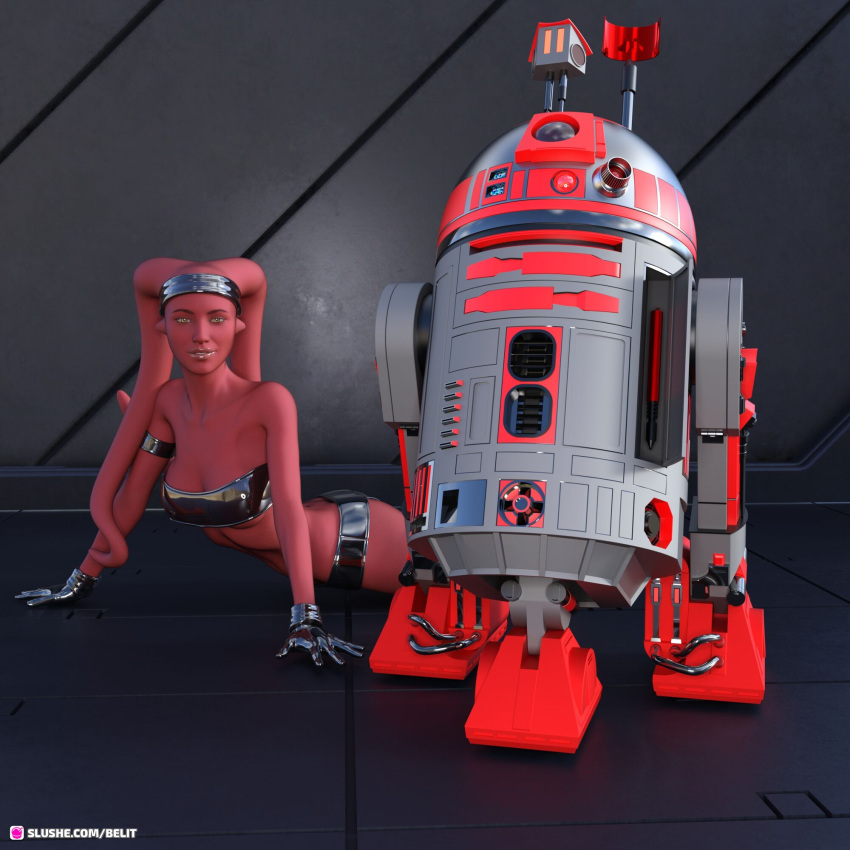 1girls 2022 3d astromech_droid belit droid fanart female looking_at_viewer medium_breasts pinup red_body red_skin robot sci-fi science_fiction slushe_(website) star_wars twi'lek yellow_eyes