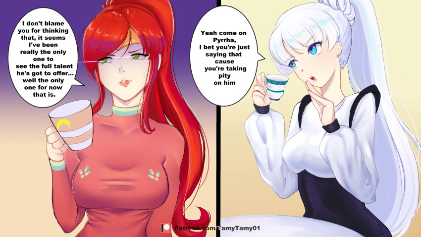 2girls blonde_hair blue_eyes female_only green_eyes high_ponytail long_hair multiple_girls ponytail pyrrha_nikos red_hair rwby shiny_hair shiny_skin sidelocks tagme tamytamy01 weiss_schnee white_hair