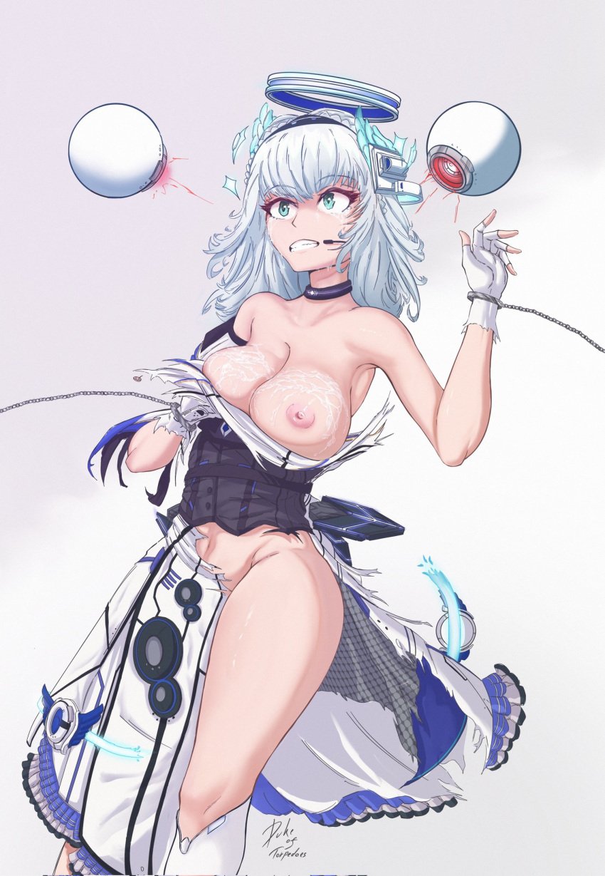 1girls black_choker breasts chains choker cleavage covering covering_breasts cum cum_on_body cum_on_breasts dress floating floating_object gloves highres large_breasts light-skinned_female light_skin one_breast_out prism_project rita_kamishiro surprised tears thick_thighs thighs torn_clothes torn_dress virtual_youtuber