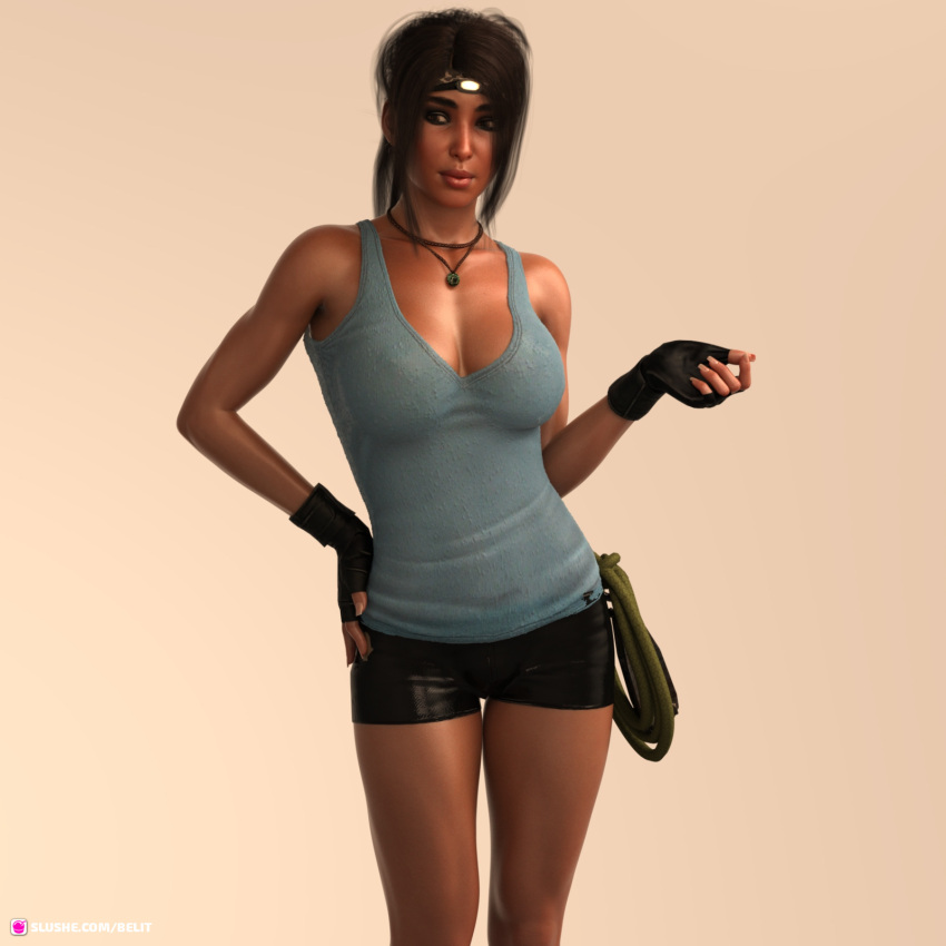 1girls 2021 3d belit clothed clothing fanart female female_only fingerless_gloves gloves lara_croft lara_croft_(survivor) large_breasts no_bra see-through see-through_clothing see-through_top shorts slushe_(website) solid_color_background solo solo_female standing tank_top tomb_raider