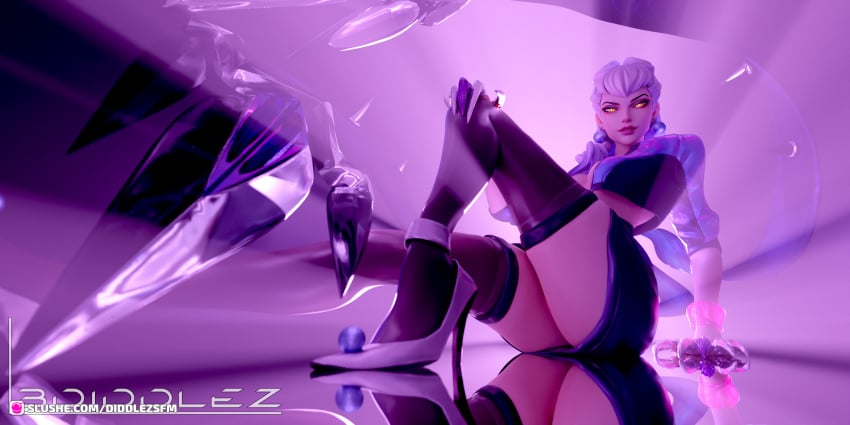 1girls 2022 3d 3diddlez claws clothed clothing earrings evelynn fanart female female_only high_heels k/da_evelynn k/da_series large_breasts league_of_legends seated sitting skirt slushe_(website) solo solo_female succubus