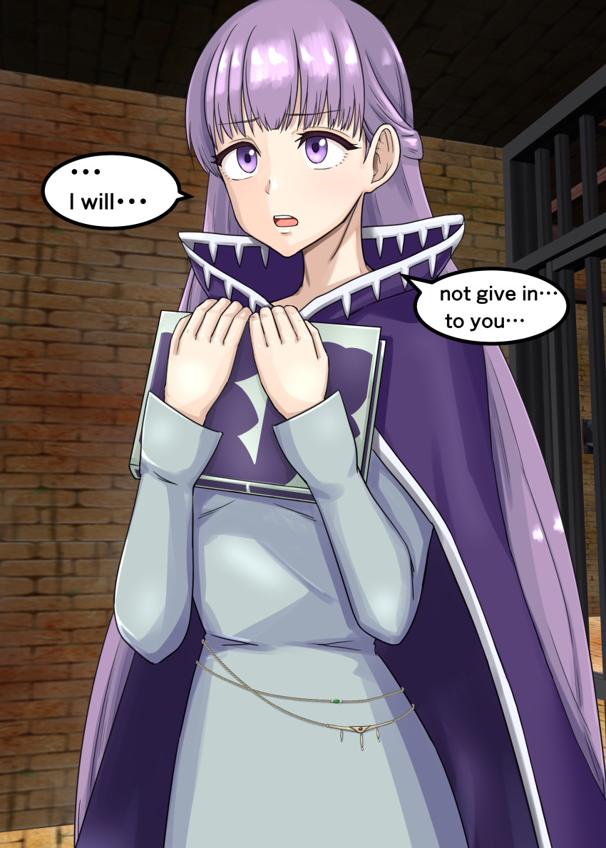 1ch 1girls bangs book breasts cage english_text female female_only fire_emblem fire_emblem:_the_binding_blade imminent_rape imminent_sex indoors large_breasts long_hair magicalfrontli1 nintendo open_mouth purple_eyes purple_hair rape solo sophia_(fire_emblem) text translated very_long_hair