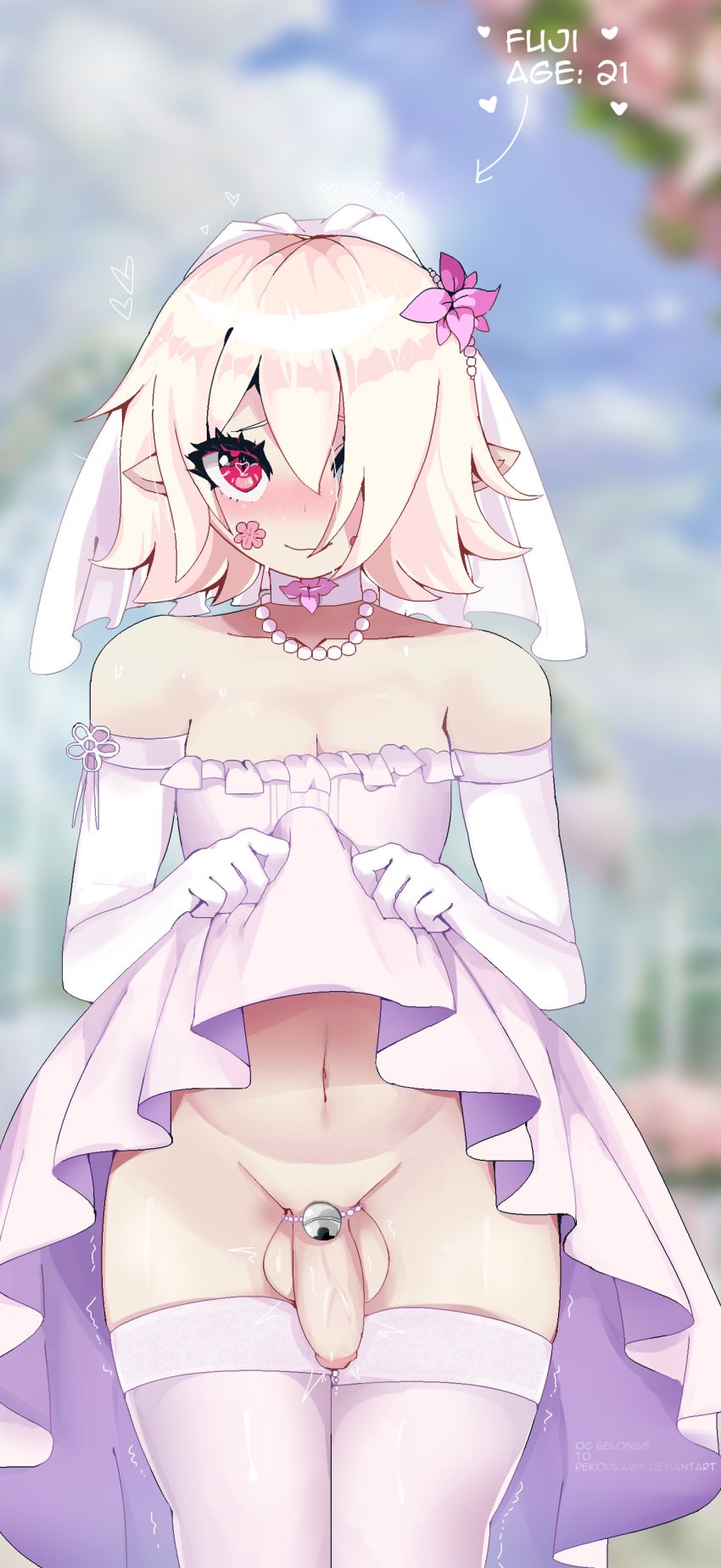 1boy asking_for_it belly blonde_hair blush bottomless choker crossdressing dress dress_lift elbow_gloves femboy femboy_bride flower flower_in_hair gloves hair_over_one_eye heart-shaped_pupils lifting lifting_skirt looking_at_viewer male male_focus male_only male_wife married navel necklace nqrse original penis penis_out pointy_ears red_eyes short_hair shy sissy small_penis smaller_male solo submissive submissive_male tattoo thick_thighs thighhighs thighs trap wedding wedding_band wedding_dress wedding_veil