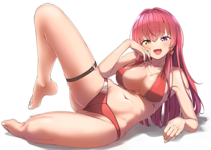 1girls absurdres bangs bare_shoulders barefoot bikini blush breasts cinomoon cleavage closed_mouth collarbone earrings eyebrows_visible_through_hair feet female heart heart_earrings heart_necklace heterochromia highres hololive hololive_fantasy hololive_japan houshou_marine jewelry large_breasts legs long_hair looking_at_viewer lying murakami_ryouga navel on_side purple_eyes red_bikini red_hair smile solo swimsuit thigh_strap thighs toes virtual_youtuber yellow_eyes