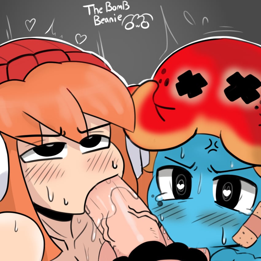 1girls 2boys angry auri_bori ball_sucking bisexual bisexual_fellatio bisexual_male blowjob collaborative_fellatio fellatio female gay heart-shaped_pupils human_meggy male mario mario_(series) meggy_spletzer oral penis sex smg4 sunset_paradise tagme teamwork thebombbeanie yaoi