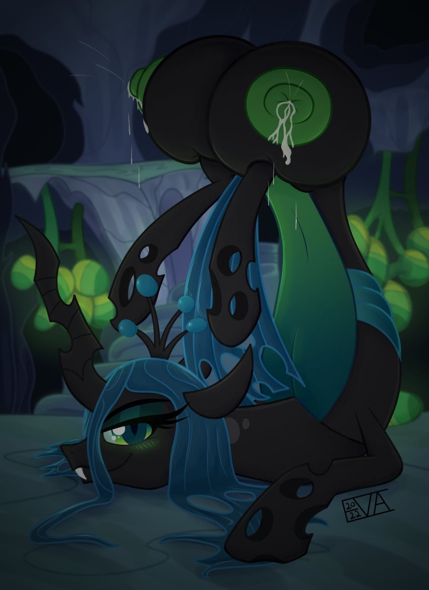 absurd_res arthropod ass_up black_body blue_hair blush bodily_fluids changeling crotchboobs crown egg evan555alpha eyelashes fangs female feral friendship_is_magic green_eyes green_nipples hair half-closed_eyes hasbro hi_res horn huge_crotchboobs lactating looking_at_viewer milk my_little_pony narrowed_eyes nipples non-mammal_teats queen_chrysalis_(mlp) signature smile smug solo