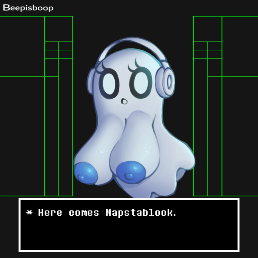 1girls 2d beepisboop big_breasts black_background blue_nipples english_text female female_only game_ui ghost ghost_girl headset humanoid napstablook rule_63 solo tagme text text_box undertale undertale_(series)