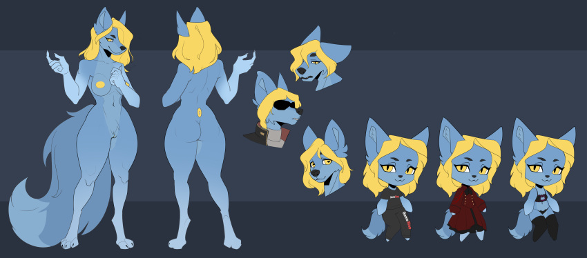 <3_eyes absurd_res anthro blonde_hair blue_body blue_fur breasts canid canine chibi clothing dress eyewear female fox fur genitals hair heart hi_res lingerie mamma model_sheet nipples nude pubes pussy rokujushichi67 solo sunglasses victoria_voss yellow_eyes yellow_nipples