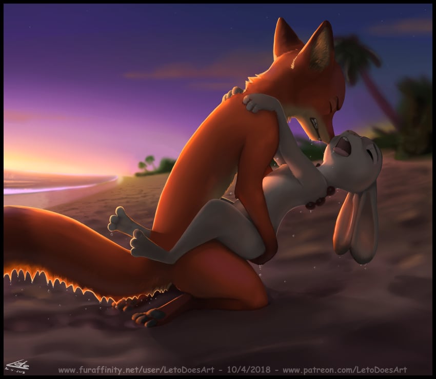 anthro beach closed_eyes disney female flat_chest fox furry judy_hopps letodoesart male male/female nick_wilde nude open_mouth rabbit sex tongue zootopia