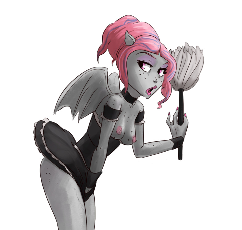 breasts_out feather_duster female freckles french_female french_maid gargoyle gray_skin grey_skin lipstick maid maid_uniform monster_girl monster_high pink_eyes pink_hair pink_lipstick pink_nipples rochelle_goyle tourbillon wings