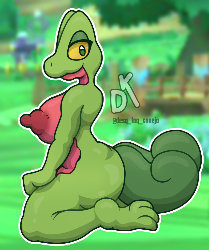 absurd_res anthro big_breasts big_nipples breasts desq_loq_conejo female green_body hi_res kneeling looking_at_viewer nintendo nipples outside pinup pokémon_(species) pokemon pose solo thick_tail thick_thighs treecko video_games