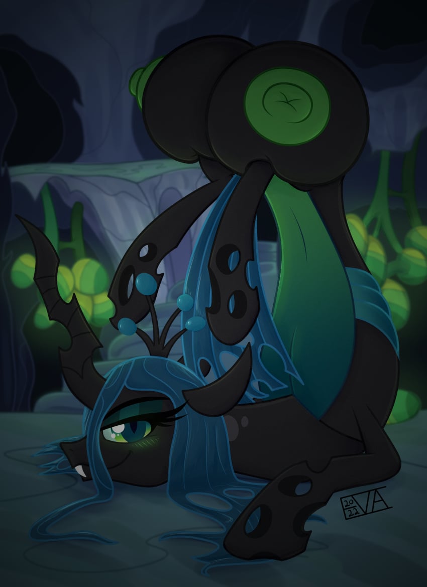 absurd_res arthropod ass_up black_body blue_hair blush changeling crotchboobs crown egg evan555alpha eyelashes fangs female feral friendship_is_magic green_eyes green_nipples hair half-closed_eyes hasbro hi_res horn huge_crotchboobs looking_at_viewer my_little_pony narrowed_eyes nipples non-mammal_teats queen_chrysalis_(mlp) signature smile smug solo