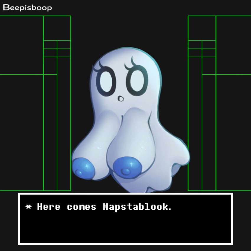 1girls 2d beepisboop big_breasts black_background blue_nipples english_text female female_only game_ui ghost ghost_girl humanoid napstablook rule_63 solo tagme text text_box undertale undertale_(series)