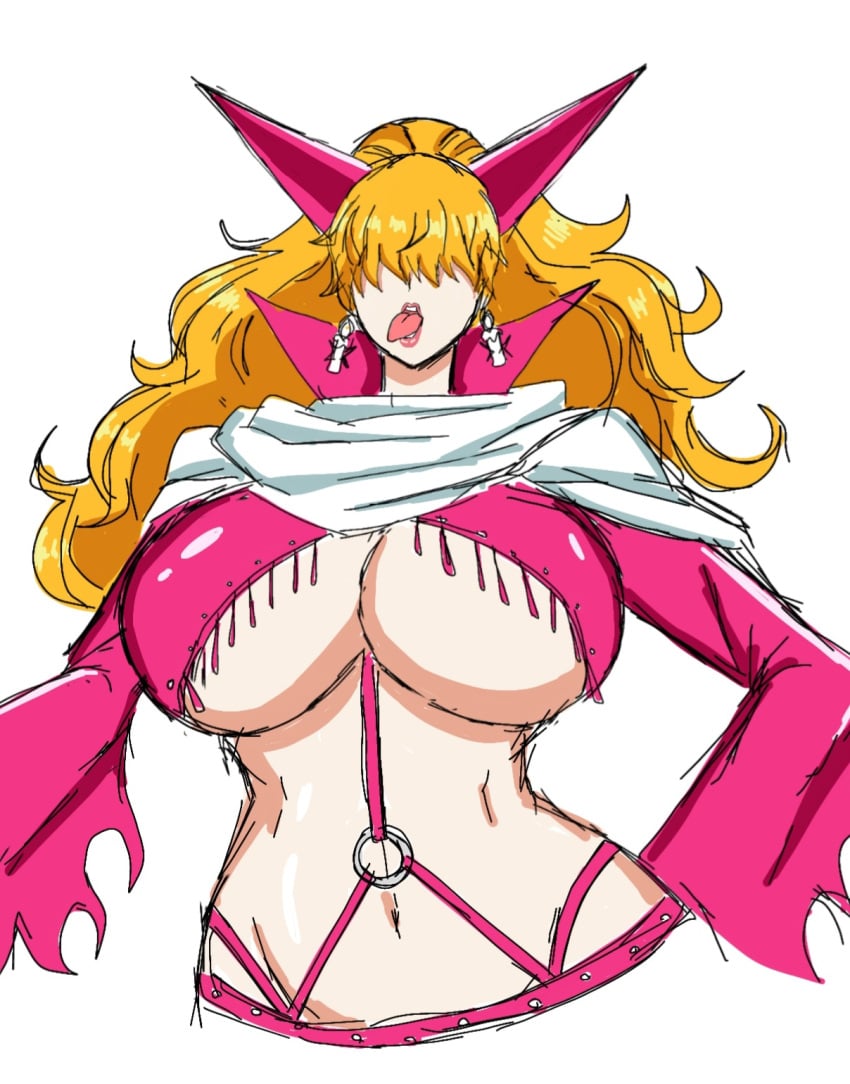 1girls bangs big_breasts breasts clothing curvy dominatrix earrings female female_focus female_only hair_over_eyes highres hips horn huge_breasts human jewelry large_breasts lips lipstick long_hair makeup momiji_(artist) navel one_piece open_mouth orange_hair red_lipstick revealing_clothes sadi-chan sadi_(one_piece) sadodere sadodere-chan shiny_skin simple_background skimpy solo solo_female tassel teeth tongue tongue_out underboob voluptuous white_background wide_hips