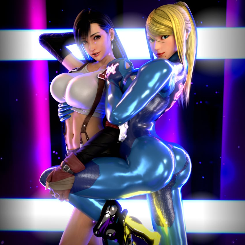 2girls 3d adeptusinfinitus ass big_breasts black_hair blender blonde_hair bodysuit crossover elbow_gloves final_fantasy final_fantasy_vii hand_on_another's_shoulder heels high_heels latex metroid midriff miniskirt nintendo samus_aran shiny_bobysuit skin_tight square_enix suspenders thigh_grab thighs tifa_lockhart zero_suit zero_suit_samus