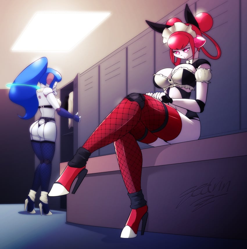 ass breasts cleavage clothed clothing fishnet fishnet_legwear hi_res legwear locker_room machine maid_uniform not_furry pulse_(zedrin) relay_(zedrin) robot thighhighs thong underwear uniform zedrin