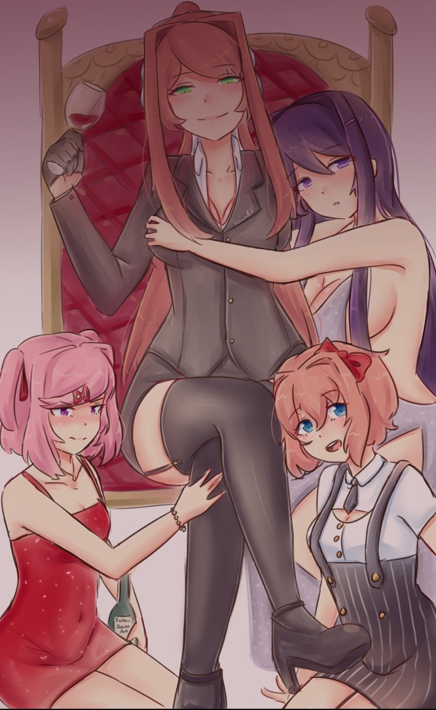 4girls alcohol blue_eyes bocchandere doki_doki_literature_club female female_only green_eyes harem mafia monika_(doki_doki_literature_club) multiple_girls natsuki_(doki_doki_literature_club) pink_eyes pink_hair purple_eyes purple_hair raionart sayori_(doki_doki_literature_club) yuri yuri_(doki_doki_literature_club)