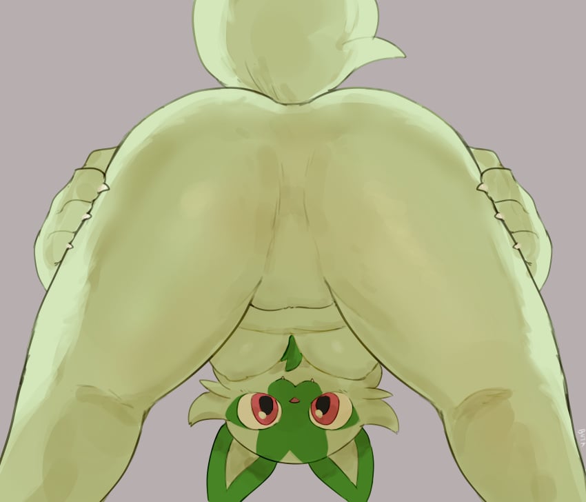 2022 4_fingers absurd_res anthro anthrofied ass ass_up breasts buta99 butt_focus cat_ears cat_tail claws cute_fangs featureless_breasts featureless_crotch felid feline female female_pokemon finger_claws fingers fur green_body green_fur hi_res kemono looking_through looking_through_legs mammal nintendo no_nipples nude pokémon_(species) pokémorph pokemon pokemon_sv red_eyes solo sprigatito unique_style upside-down video_games