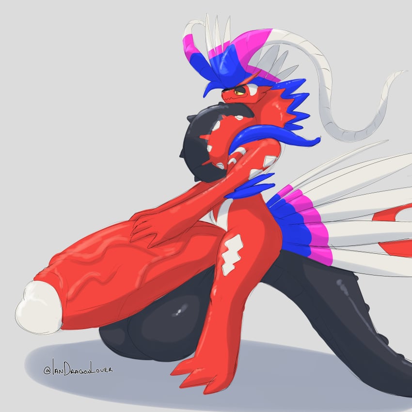 absurd_res anthro balls big_balls big_penis erection feathers genitals half-closed_eyes hand_on_penis hi_res horn huge_balls huge_cock hyper hyper_balls hyper_genitalia hyper_penis iandragonlover koraidon legendary_pokémon male male_only multicolored_body multicolored_feathers narrowed_eyes nintendo nude penis pokémon_(species) pokemon smile solo video_games yellow_eyes