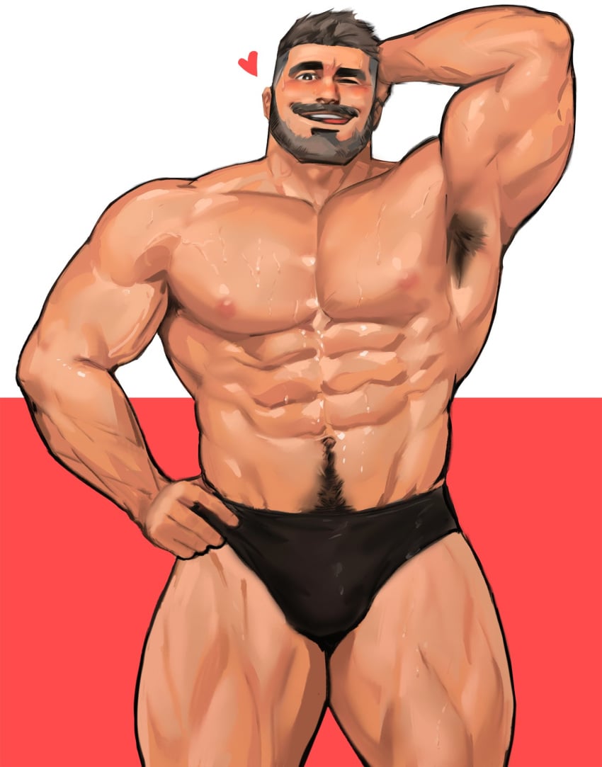 1boy black_briefs black_underwear briefs briefs_only dopq flustered hairy hand_behind_head hand_on_head heart male male_only muscles muscular muscular_male pokemon pokemon_sv professor_turo solo speedo underwear wink