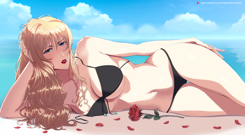 bangs beach bikini bikini_bottom bikini_top blonde_hair blue_eyes breasts cleavage cowboy_bebop curls curly_hair female happyboynumber1 julia_(cowboy_bebop) outdoors outside rose rose_petals thighs underboob