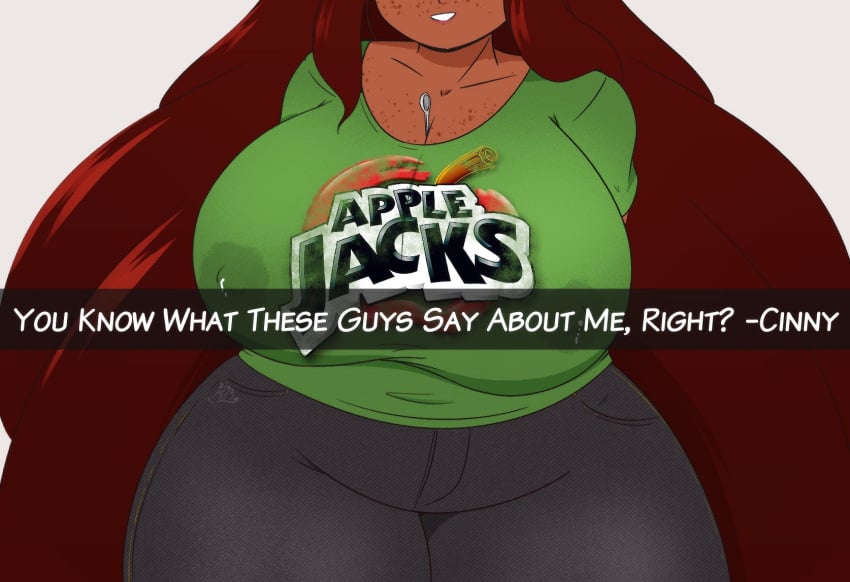 apple_jacks brown_hair cereal_brand cinnamon_(riley_moore) dark_skin facing_viewer hidden_eyes hidden_face huge_breasts joke lactation long_hair plump riley_moore_(artist) spoon text thick_thighs tshirt