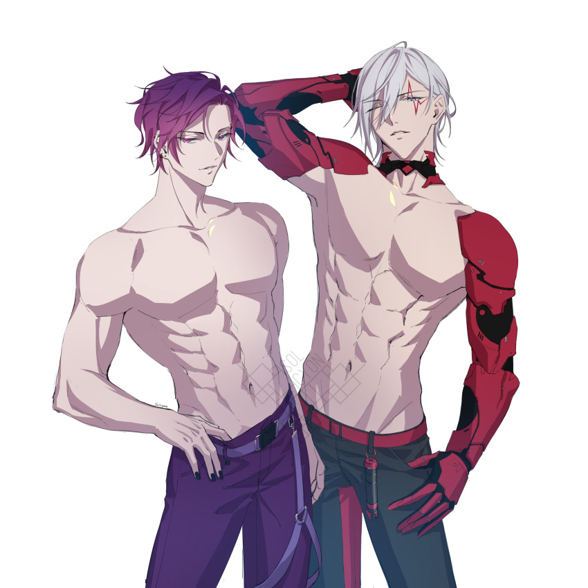 2022 2boys abs black_nails collar cyborg ear_piercing face_tattoo fulgur_ovid grey_eyes heterochromia male male_only metal_arm muscular muscular_male nijisanji nijisanji_en pants pink_eyes pinup purple_eyes purple_hair shirtless shirtless_(male) solcyon tattoo toned topless uki_violeta virtual_youtuber white_background white_hair