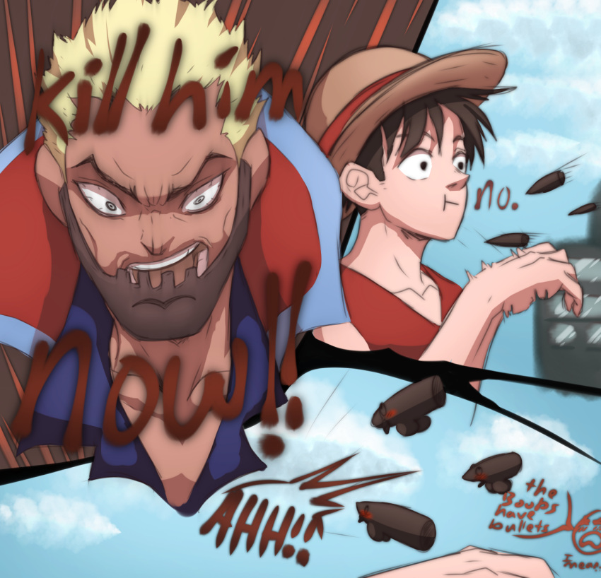 2boys background blonde_hair breasts bullet captain_axe_hand_morgan cleavage clothing dark-skinned_male dark_skin dialogue funny gender_transformation hensket male male_only moan moaning monkey_d_luffy mtf_transformation one_piece rule_63 short_hair shot tan tan_skin transformation