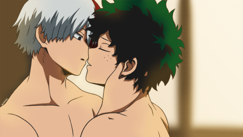 2boys back bare_back bedroom brown_eyes closed_eyes curly_hair freckles frizzy_hair green_hair holding_head indoors izuku_midoriya kissing liusyss liusyss_(artist) looking_at_another muscle my_hero_academia nude ready_to_kiss red_hair romantic scar shouto_todoroki teenage teenage_boy teenager topless white_hair yaoi