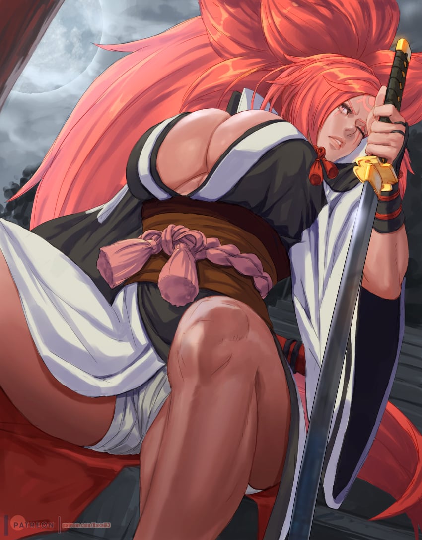 1girls baiken big_breasts female guilty_gear guilty_gear_strive kasai_x3 lejeanx3 pink_hair red_eyes solo solo_female sword