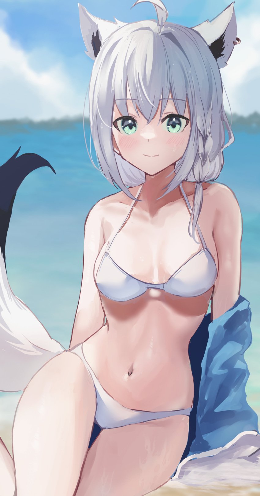 absurdres ahoge animal_ears aqua_eyes bangs beach bikini blurry blush breasts cleavage cloud collarbone cowboy_shot depth_of_field ear_piercing eyebrows_visible_through_hair female fox_ears fox_tail grey_hair halterneck highres hololive hololive_gamers hololive_gen_1 hololive_japan long_hair looking_at_viewer medium_breasts navel nixin404 ocean off_shoulder piercing shirakami_fubuki sky smile solo stomach swimsuit tail thighs two-tone_tail virtual_youtuber white_bikini