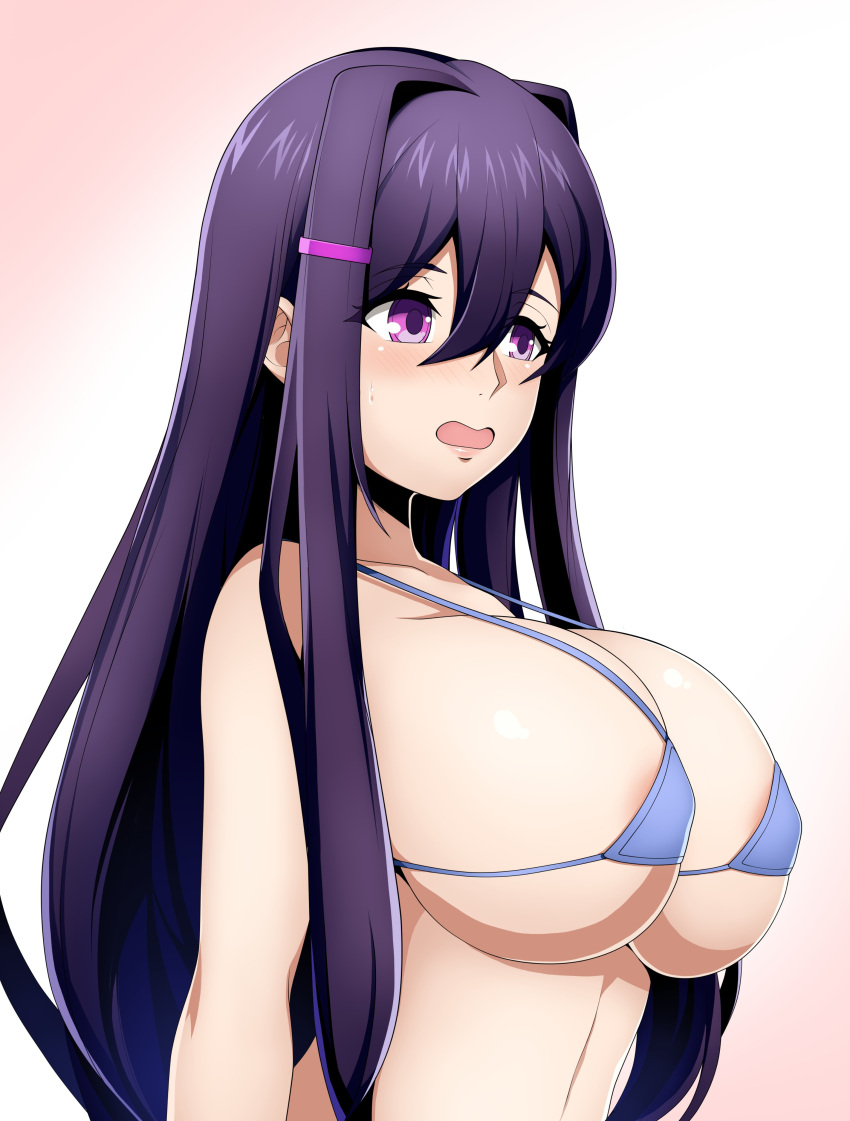 1girls accessory areola areola_peek areolae areolae_peeking bare_shoulders big_breasts bikini bikini_top blush breasts busty cleavage doki_doki_literature_club eremiya female female_solo hair hair_accessory hair_between_eyes hair_intakes hair_ornament hairclip half-length_portrait large_breasts light-skinned light-skinned_female light_skin long_hair matching_hair/eyes open_mouth portrait purple_eyes purple_hair shiny shiny_skin sidelocks simple_background solo solo_female sweat sweatdrop upper_body very_long_hair yuri_(doki_doki_literature_club)