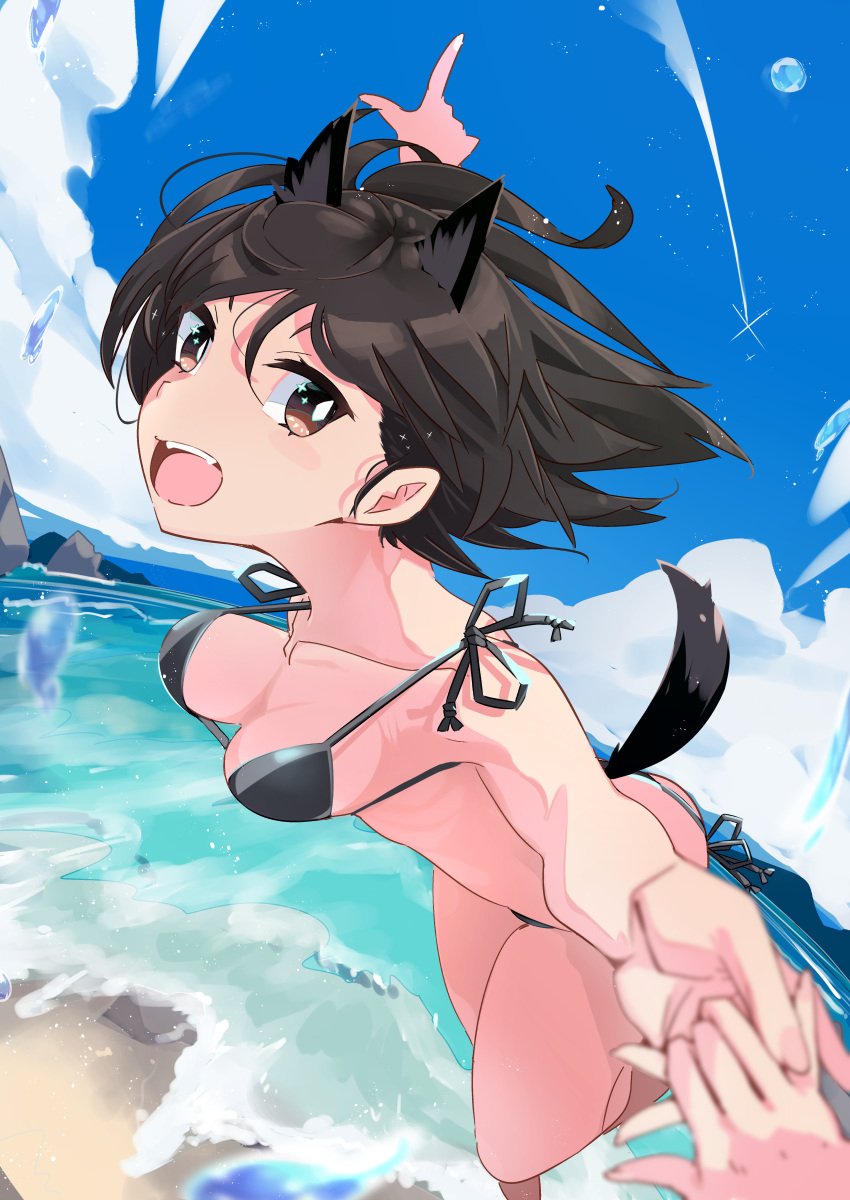 :d absurdres animal_ears bare_shoulders bikini black_bikini black_hair blue_sky breasts brown_eyes cat_ears cloud female highres holding_hands kuroda_kunika large_breasts looking_at_viewer noble_witches ocean open_mouth outdoors pegina pov short_hair sky small_breasts smile strike_witches swimsuit tail teeth water water_drop