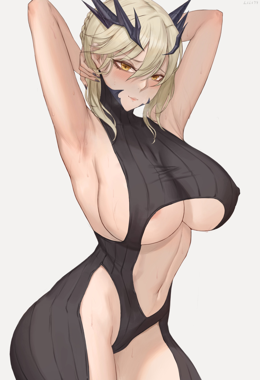 1girls 2022 absurd_res areola_slip areolae armpits arms_behind_head arms_up artoria_pendragon artoria_pendragon_(lancer_alter) blonde_hair breasts fate/grand_order fate_(series) female female_only hips huge_breasts large_areolae long_hair lsls pale-skinned_female pale_skin revealing_clothes simple_background slim_waist thick_thighs thighs underboob wide_hips yellow_eyes