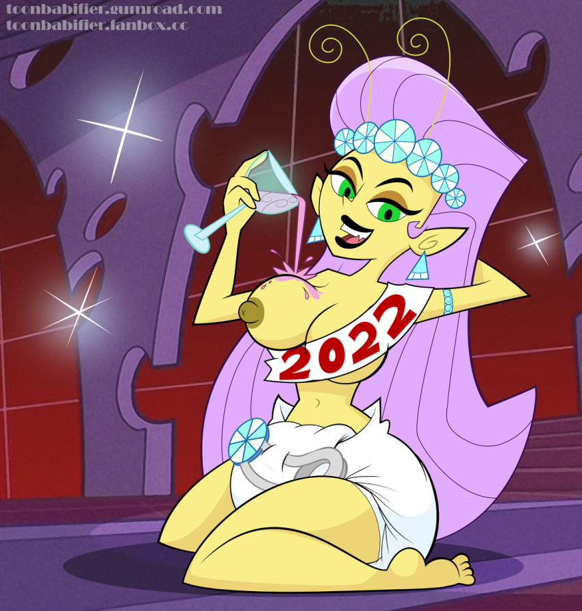 1girls big_breasts breasts cloth_diaper diaper female female_only nipples princess_mandie purple_hair safety_pin solo_female the_fairly_oddparents toonbat wine_glass yellow_skin