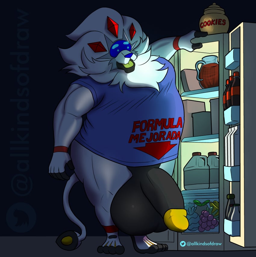 bara belly big_balls big_penis black_penis fat fat_man food fridge furry imminent_sex lion male_only muscular_male nude_male pokemon shirt solgaleo text