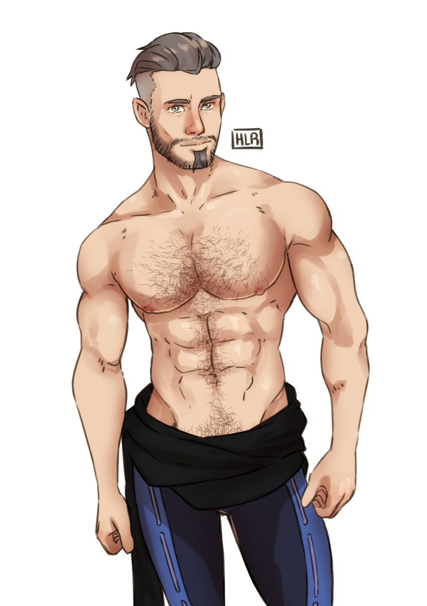 1boy bara dilf hairy hielorei looking_at_viewer male male_only muscles muscular muscular_male pinup pokemon pokemon_sv professor_turo shirtless_(male) topless